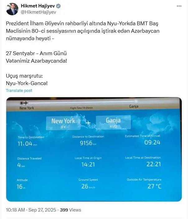 Azərbaycan nümayəndə heyəti Nyu-Yorkdan Vətənə qayıdır - Foto