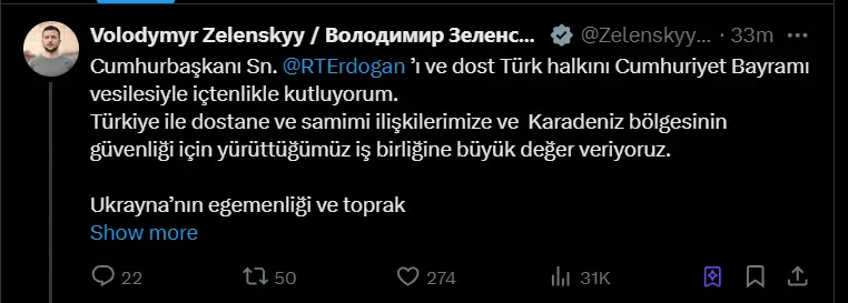 Zelenski Ərdoğanı türk dilində təbrik etdi – Foto