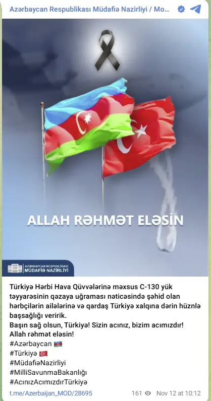 Azərbaycan MN Türkiyəyə başsağlığı verdi