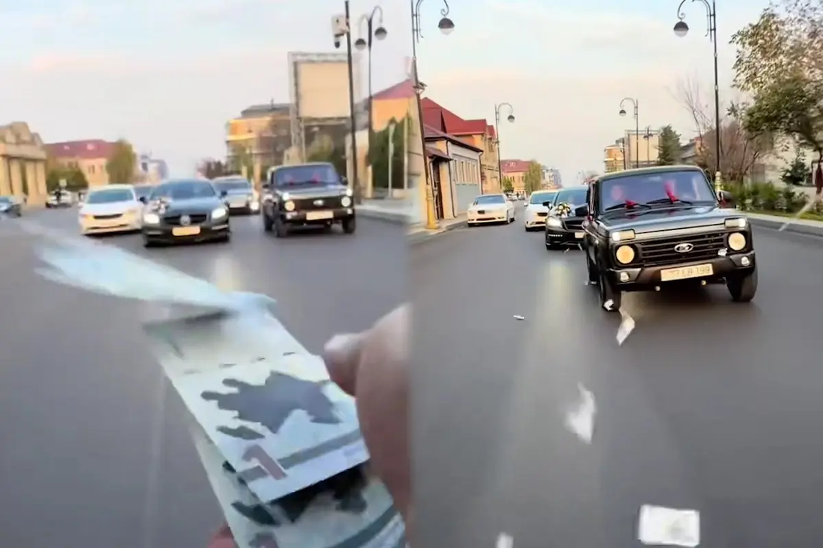 Toy karvanında “avtoş”luq edib yola pul səpdilər - Video