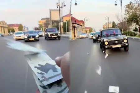Toy karvanında “avtoş”luq edib yola pul səpdilər - Video