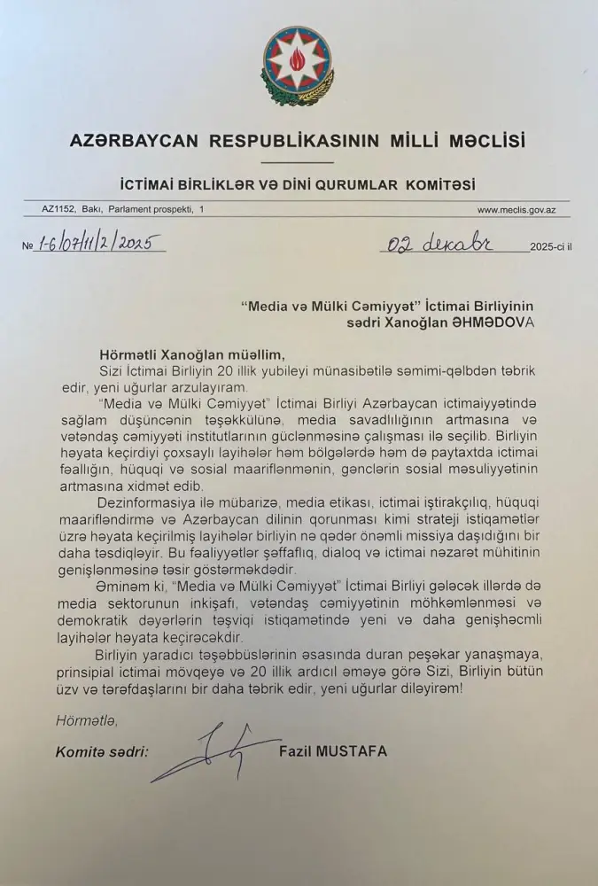 Milli Məclisin Komitə sədrindən QHT-yə 20 illik yubiley təbriki