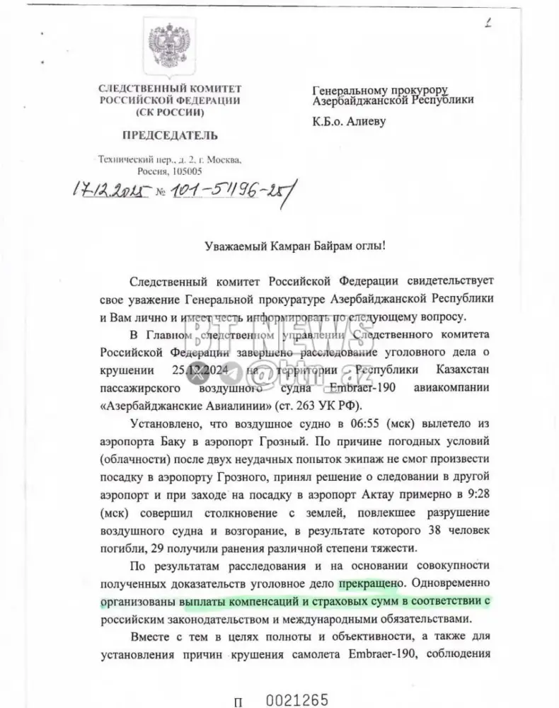 Vurulan təyyarəmizlə bağlı Rusiyadan Azərbaycana şok məktub