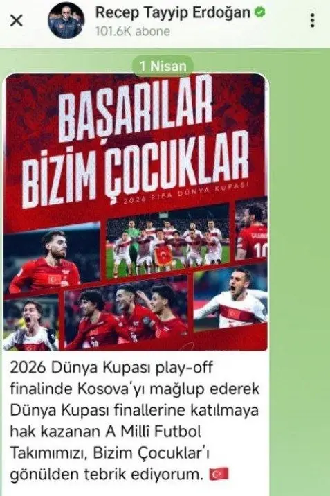 Ərdoğan Türkiyə millisini təbrik etdi