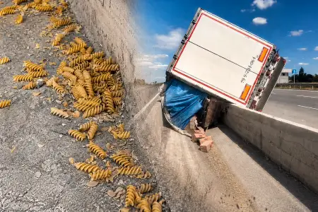 Makaron daşıyan yük maşını aşdı, məhsul yola dağıldı