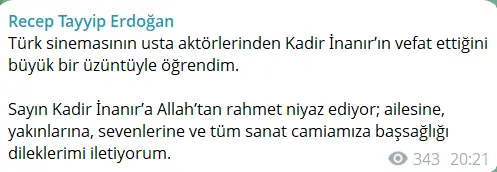 Kadir İnanırın vəfatı ilə bağlı başsağlığı verdi