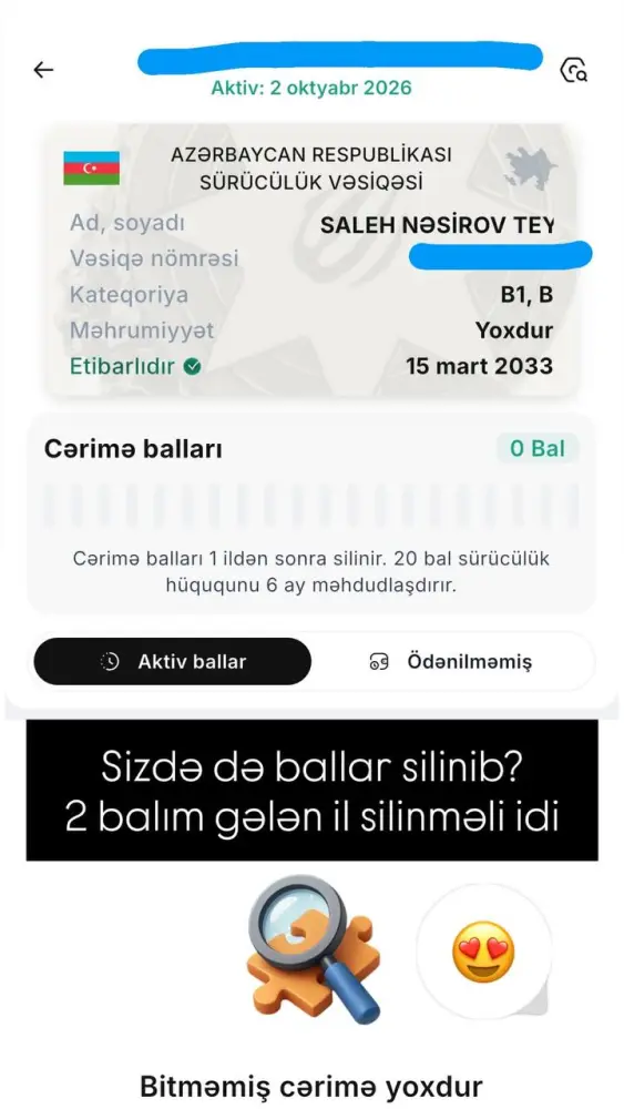 Cərimə balları silinib? – Sosial mediadakı paylaşım gündəm oldu – FOTO