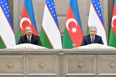 Azərbaycan və Özbəkistan prezidentləri mətbuata bəyanatlarla çıxış etdilər - Fotolar