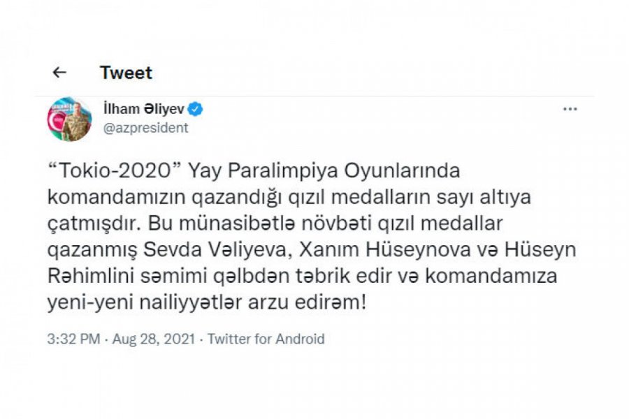 Prezident İlham Əliyev Paralimpiya Oyunlarında qızıl medal qazanmış daha üç Azərbaycan idmançısını TƏBRİK ETDİ