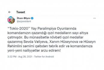Prezident İlham Əliyev Paralimpiya Oyunlarında qızıl medal qazanmış daha üç Azərbaycan idmançısını TƏBRİK ETDİ