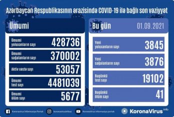 Azərbaycanda 3 845 nəfər COVID-19-a yoluxub, 41 nəfər ölüb 
