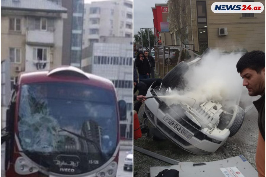 “Bakubus” avtobusu AĞIR QƏZA törətdi – Avtomobil AŞDI – FOTO 